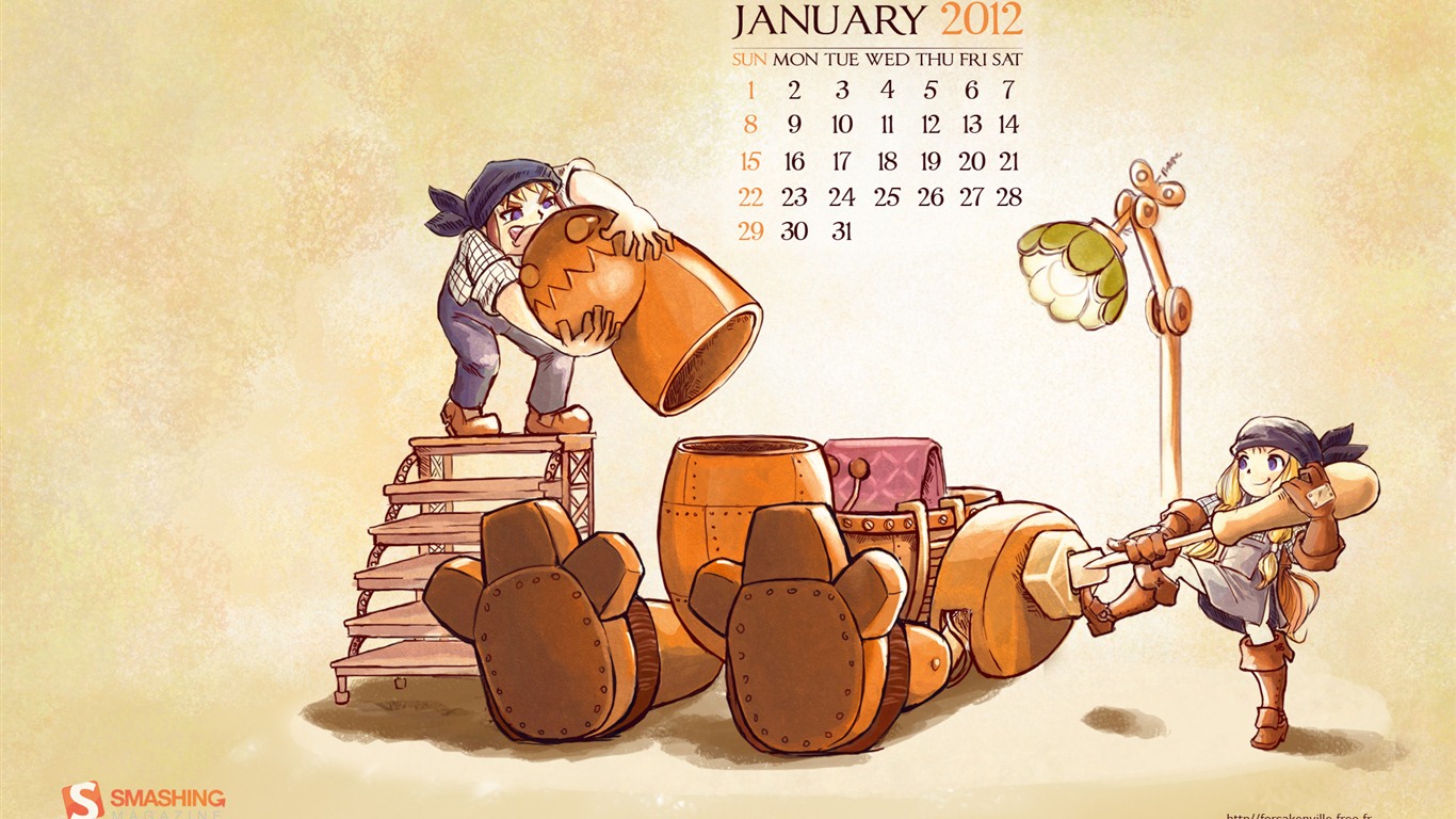 2012年1月 月曆壁紙 #3 - 1366x768