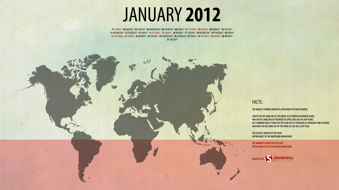 2012년 1월 달력 배경 화면 #10 - 1366x768