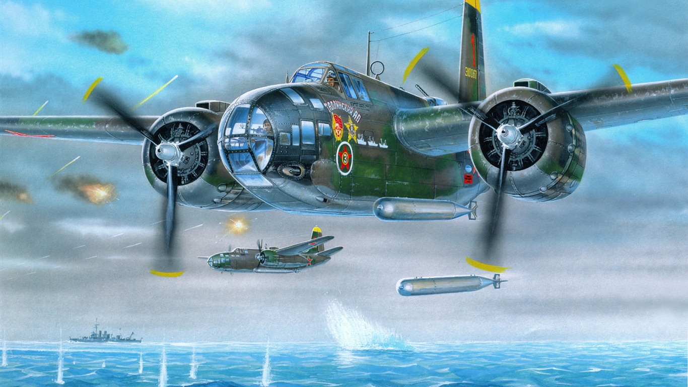 空中飛行的軍用飛機 精美繪畫壁紙 #13 - 1366x768