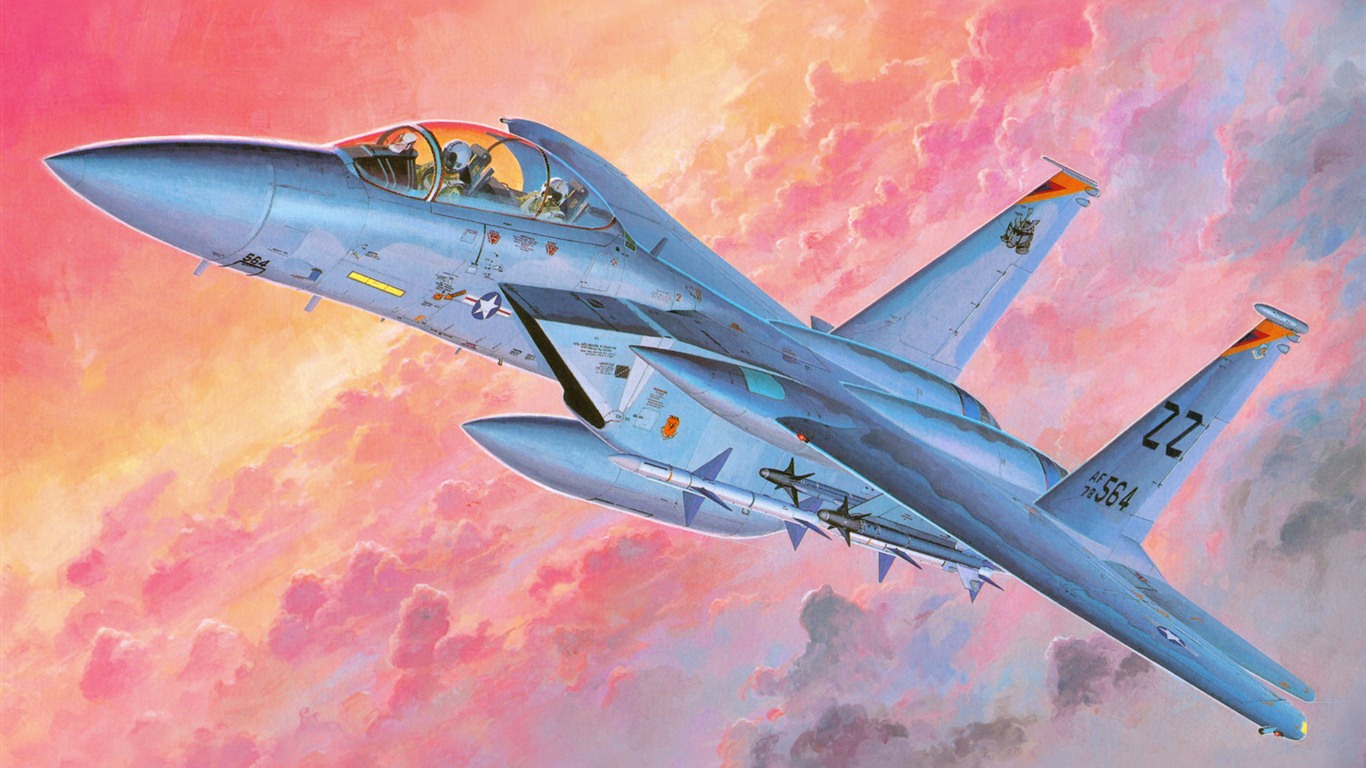 空中飛行的軍用飛機 精美繪畫壁紙 #15 - 1366x768