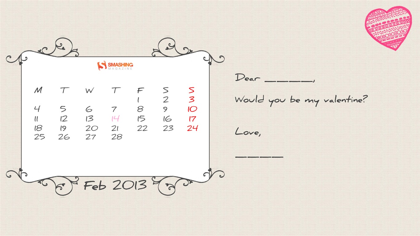 2013年2月 月曆壁紙(一) #12 - 1366x768