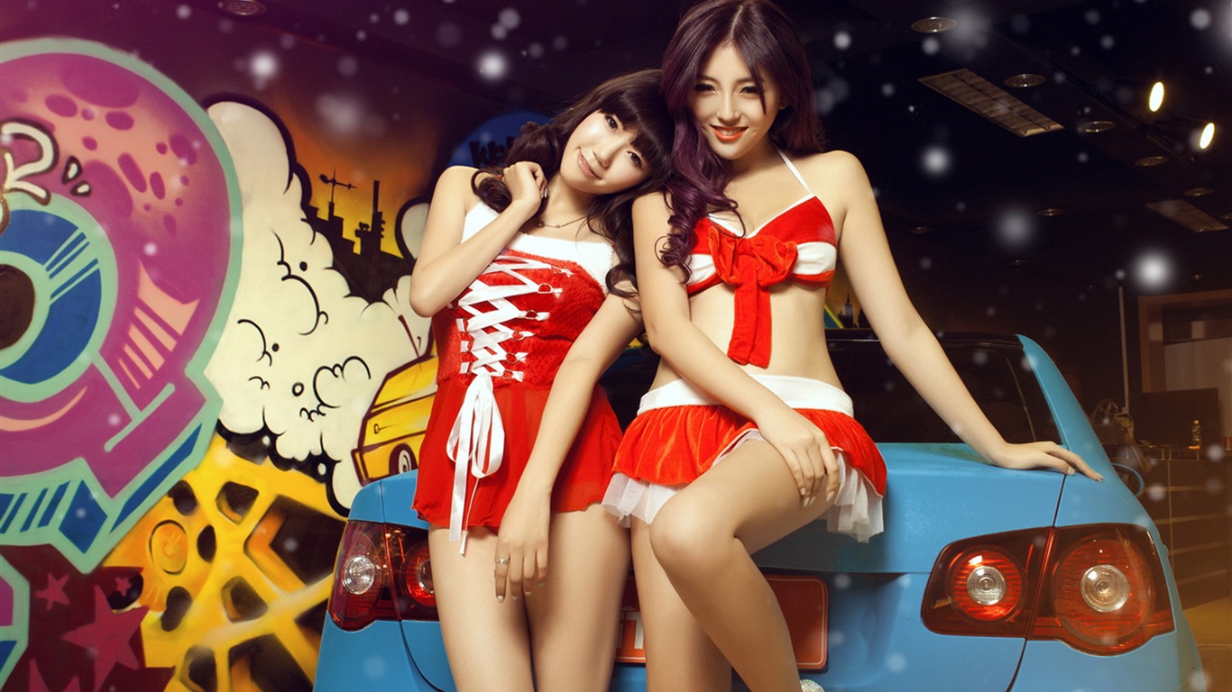 新年喜慶的紅色裝美女車模 高清壁紙 #3 - 1366x768