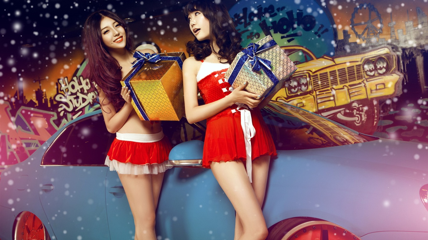 新年喜慶的紅色裝美女車模 高清壁紙 #4 - 1366x768