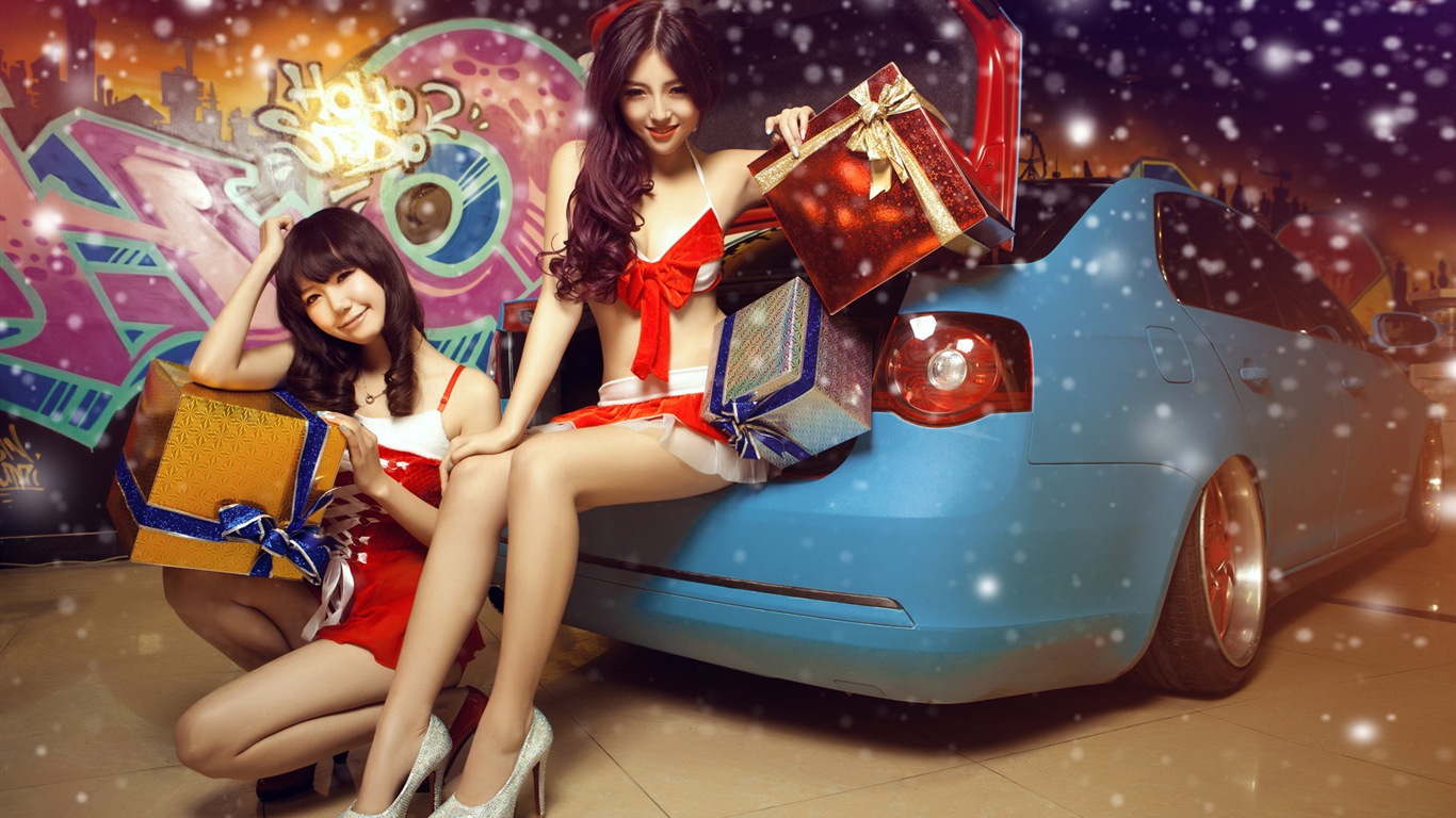 신년 축제 빨간 드레스 아름다운 자동차 모델의 HD 배경 화면 #8 - 1366x768