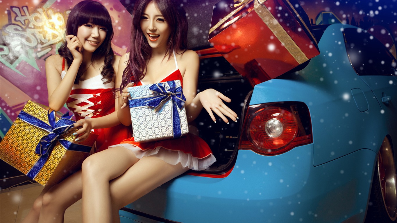 新年喜慶的紅色裝美女車模 高清壁紙 #10 - 1366x768