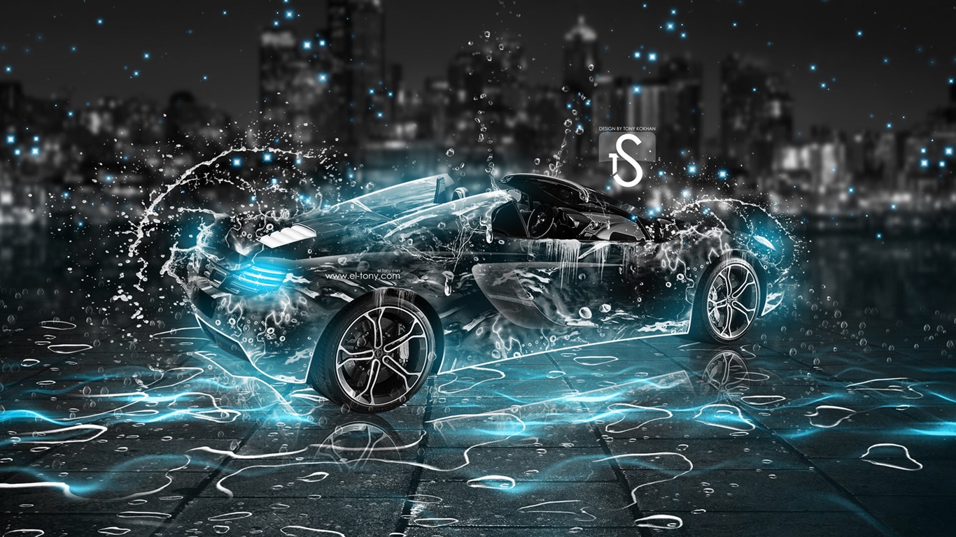 Water drops splash, beautiful car creative design wallpaper #21 - 1366x768