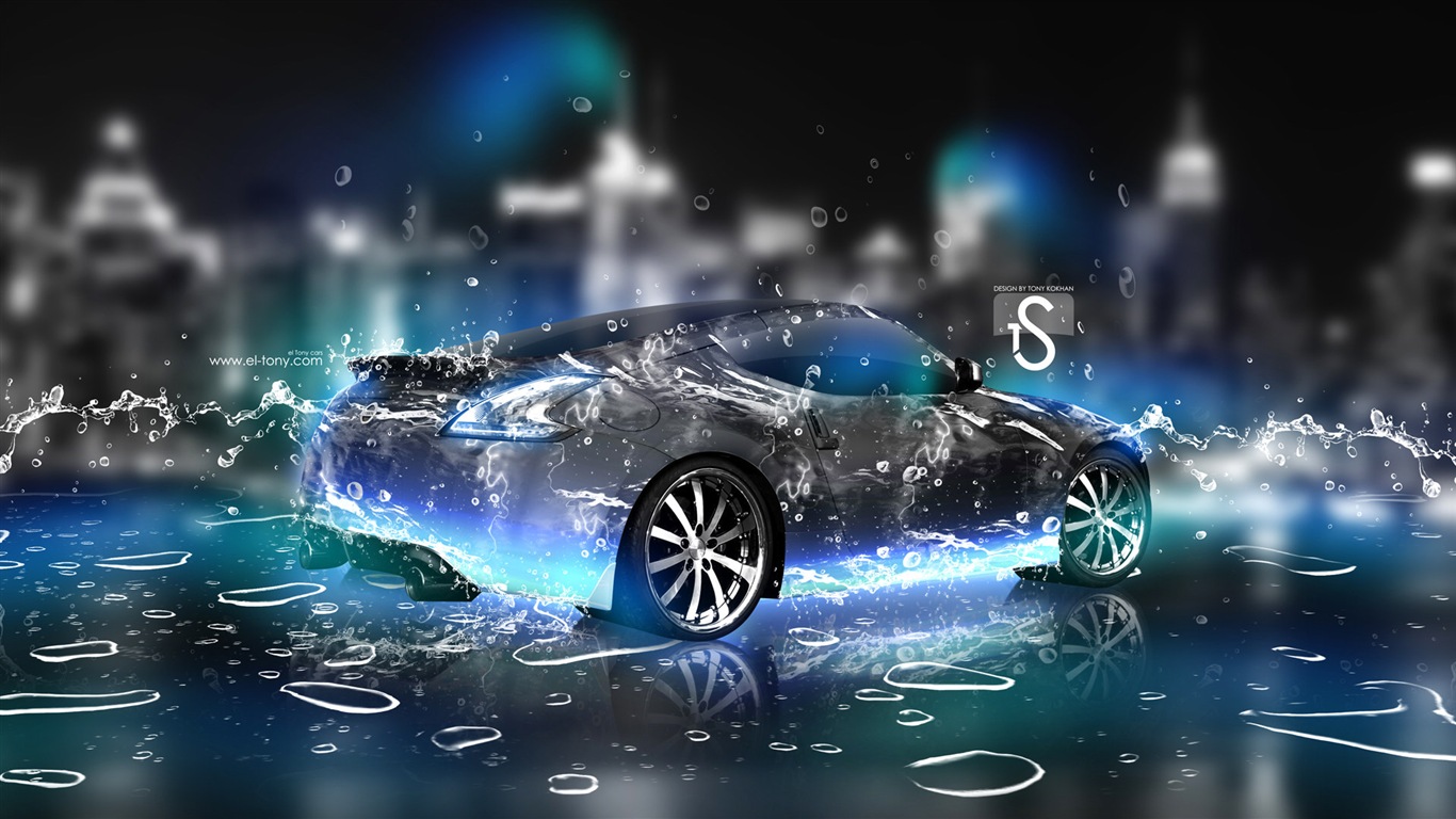 Water drops splash, beautiful car creative design wallpaper #23 - 1366x768