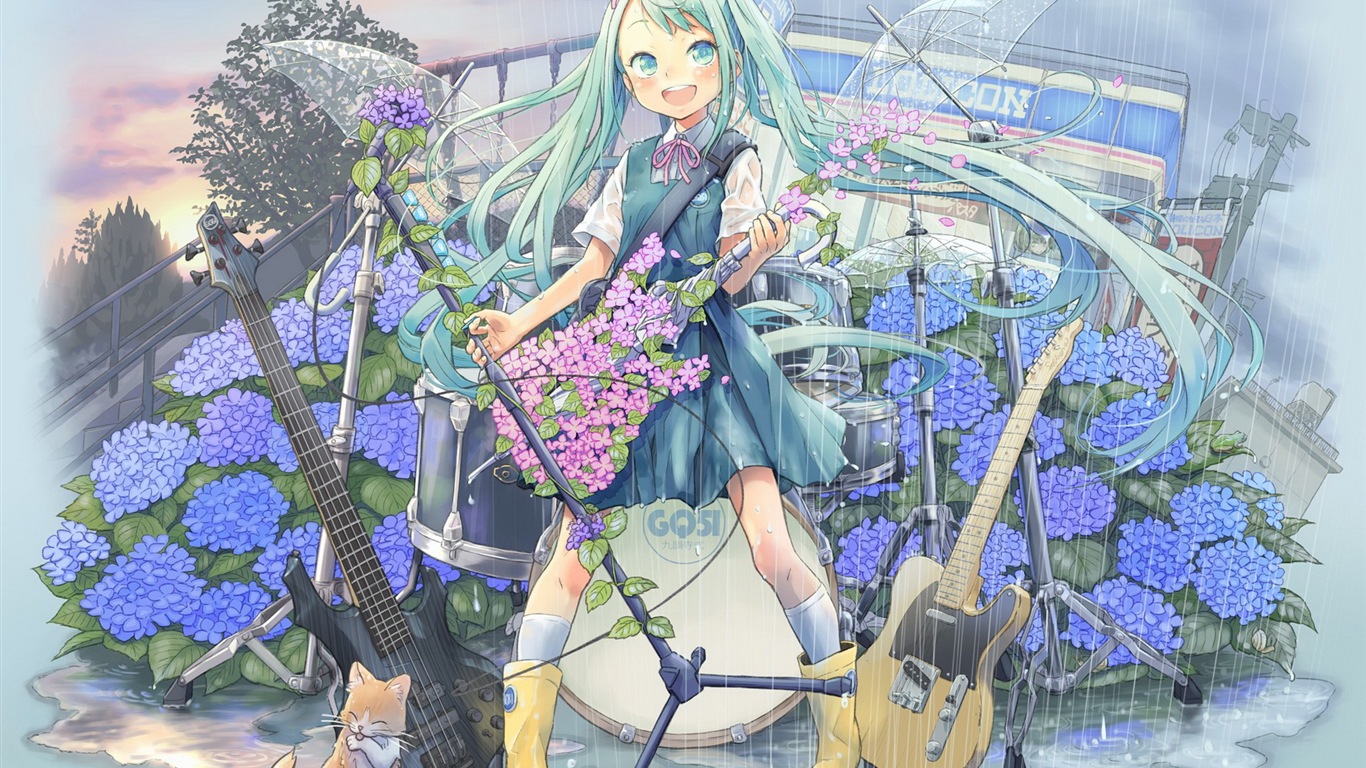 Hudební kytara Anime girl HD tapety na plochu #4 - 1366x768