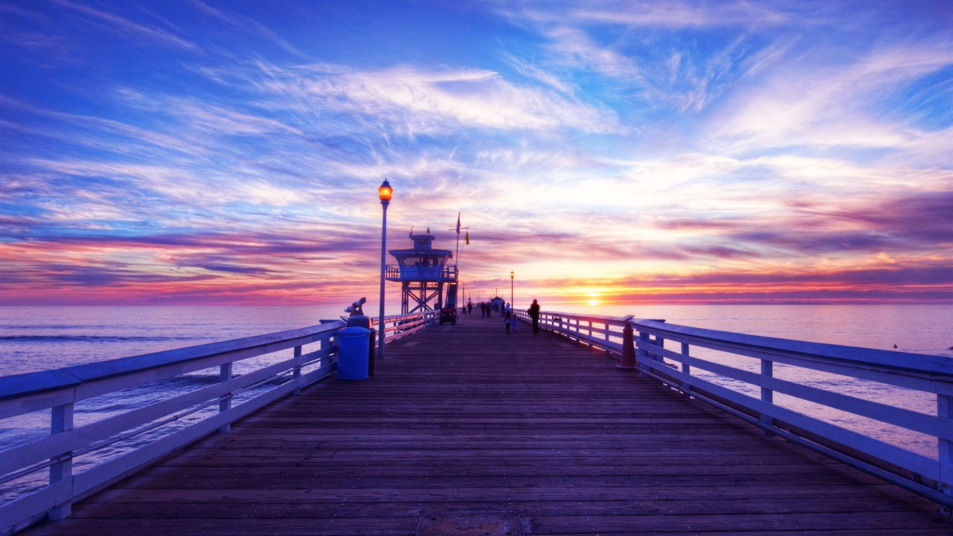 Costa del muelle al atardecer paisaje HD wallpaper #1 - 1366x768