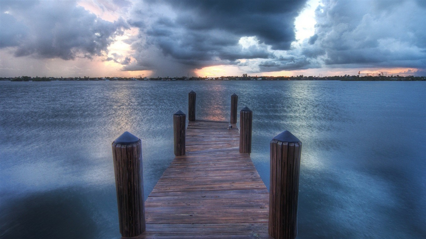 Costa del muelle al atardecer paisaje HD wallpaper #7 - 1366x768