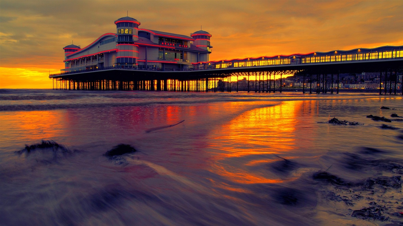 Costa del muelle al atardecer paisaje HD wallpaper #18 - 1366x768