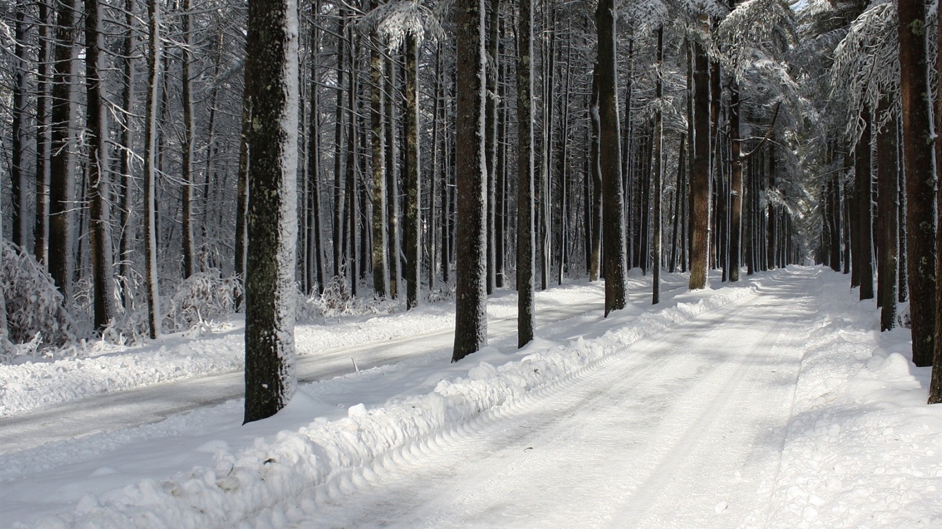 Hiver, neige, montagnes, lacs, arbres, routes fonds d'écran HD #3 - 1366x768