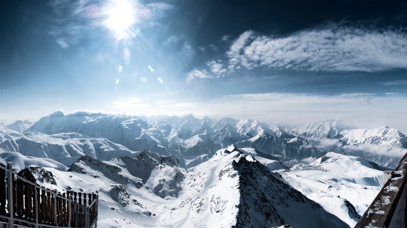 冬天的雪景，山，湖，树木，道路 高清壁纸15 - 1366x768