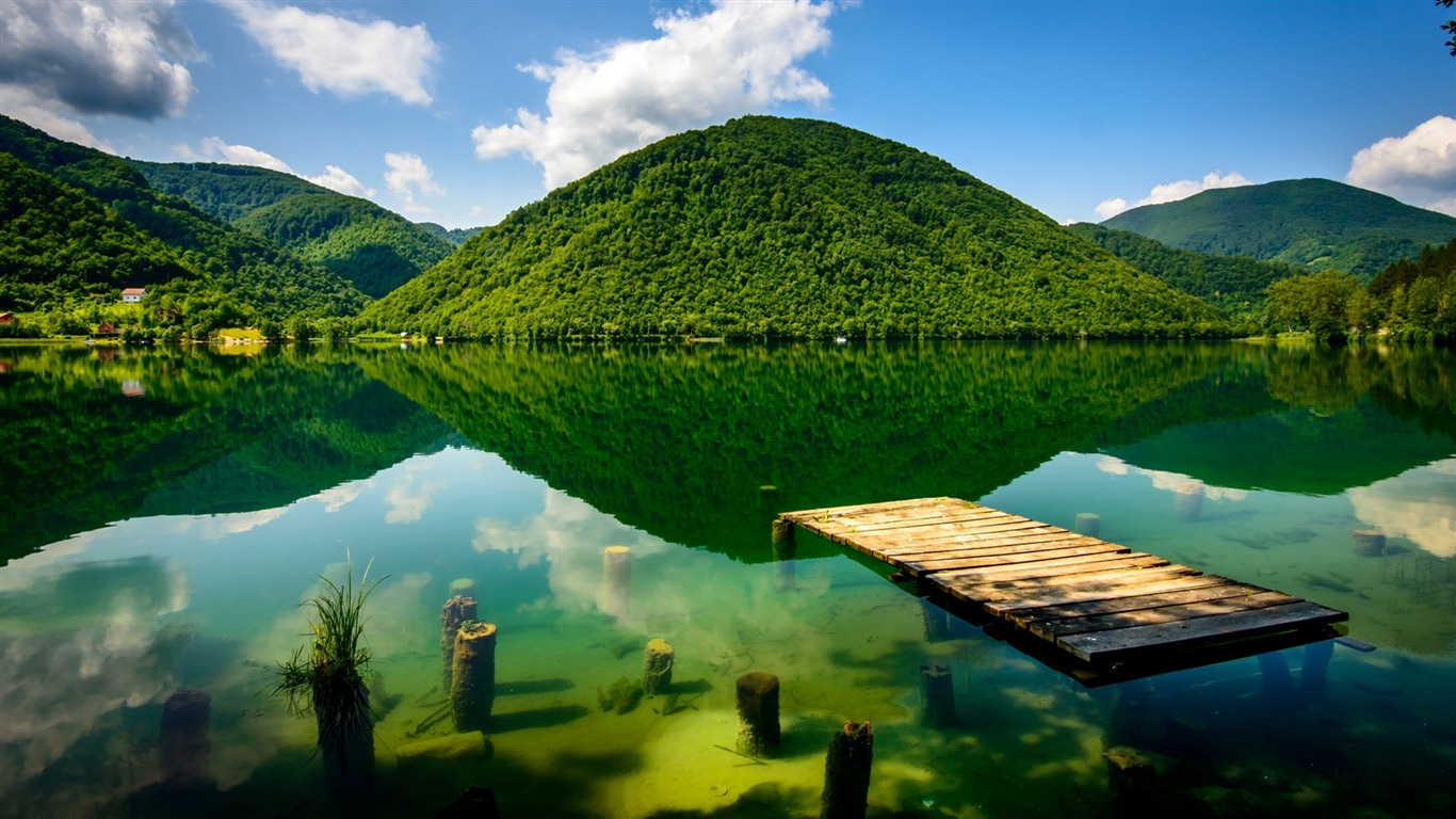 Lake a Boardwalk výhled soumraku HD tapety na plochu #16 - 1366x768