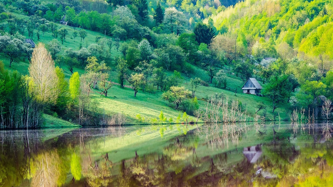 Les arbres, les montagnes, l'eau, lever et coucher du paysage de nature, fonds d'écran HD #24 - 1366x768