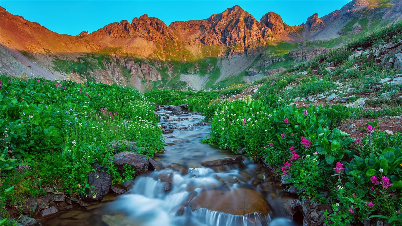 Les arbres, les montagnes, l'eau, lever et coucher du paysage de nature, fonds d'écran HD #26 - 1366x768