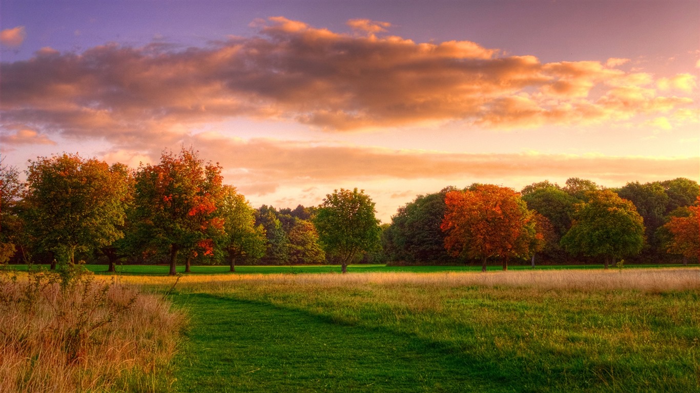 Les arbres, les montagnes, l'eau, lever et coucher du paysage de nature, fonds d'écran HD #34 - 1366x768