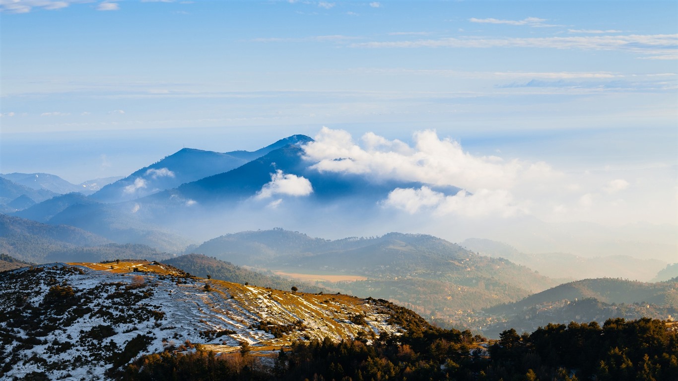 Les arbres, les montagnes, l'eau, lever et coucher du paysage de nature, fonds d'écran HD #39 - 1366x768