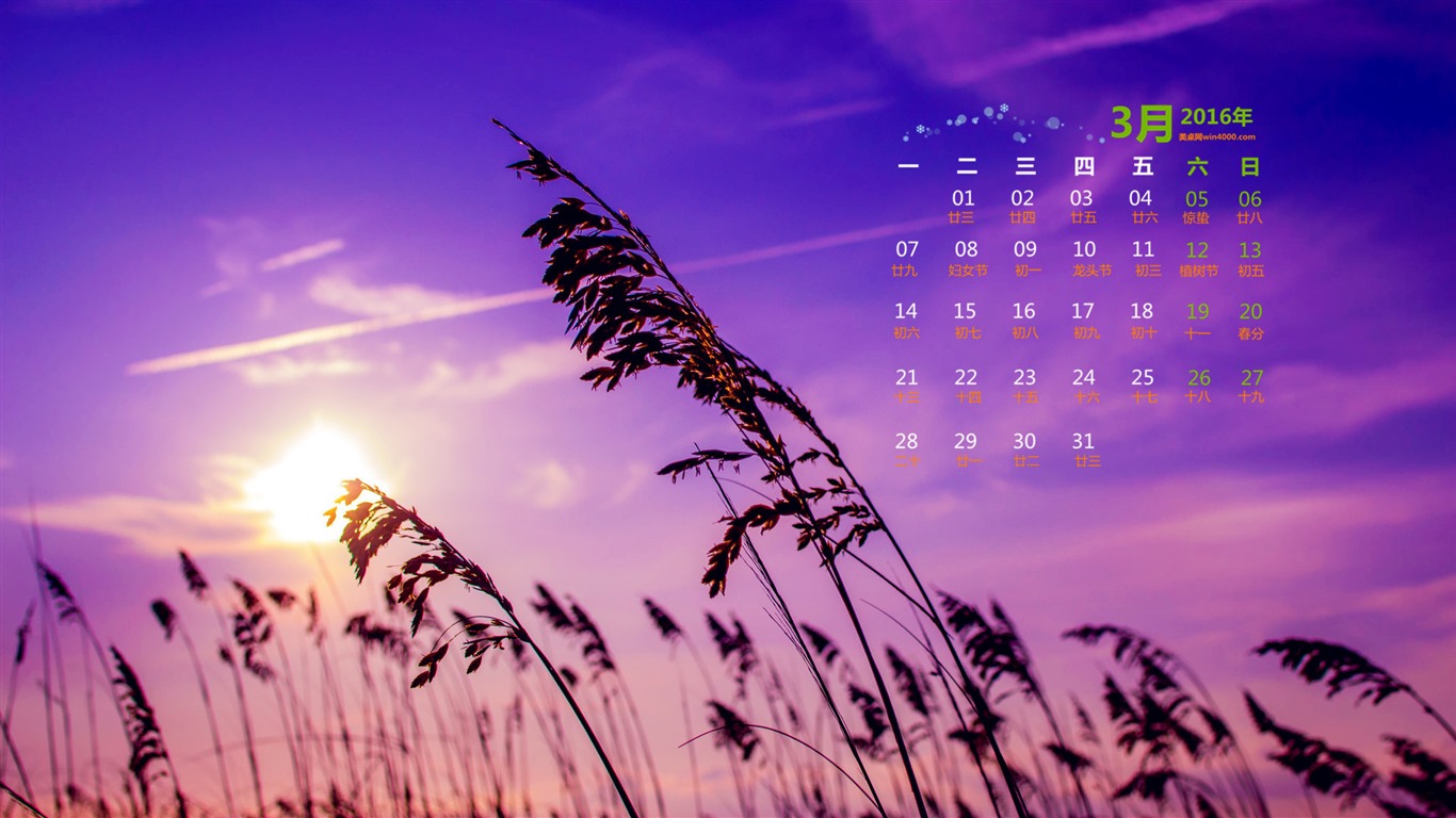 2016年3月 月曆壁紙(一) #11 - 1366x768