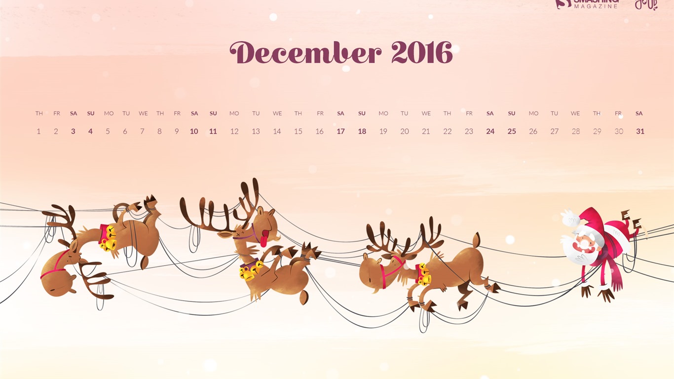 2016年12月 聖誕主題月曆壁紙(一) #13 - 1366x768