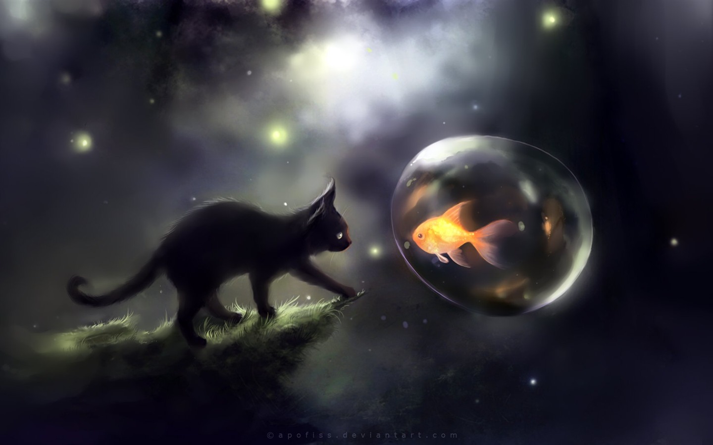 Apofiss 작은 검은 고양이 벽지 수채화 삽화 #1 - 1440x900