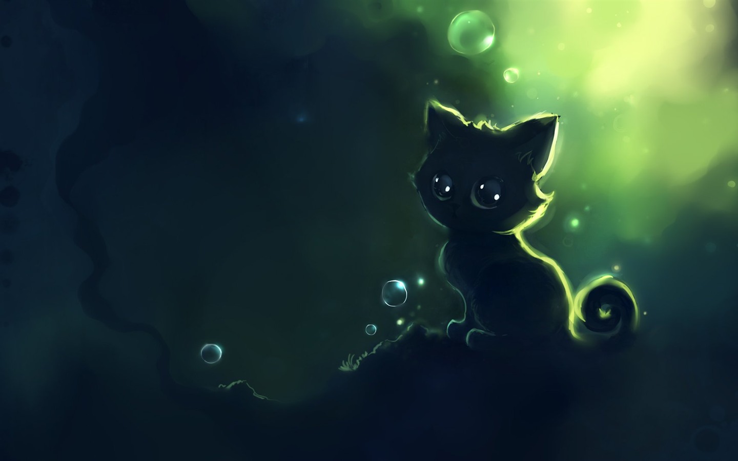 Apofiss 작은 검은 고양이 벽지 수채화 삽화 #7 - 1440x900
