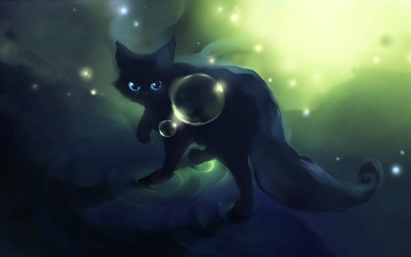 Apofiss 작은 검은 고양이 벽지 수채화 삽화 #12 - 1440x900