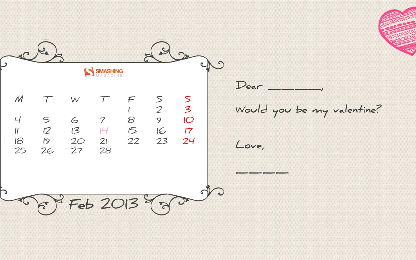 2013年2月 月曆壁紙(一) #12 - 1440x900