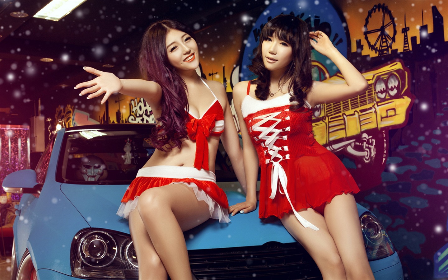 신년 축제 빨간 드레스 아름다운 자동차 모델의 HD 배경 화면 #5 - 1440x900