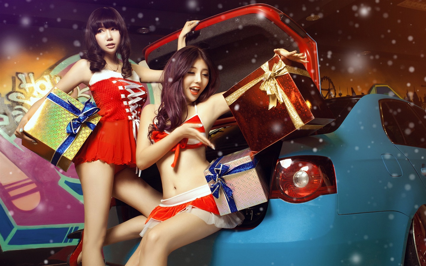 신년 축제 빨간 드레스 아름다운 자동차 모델의 HD 배경 화면 #7 - 1440x900