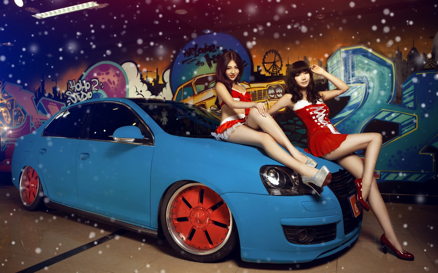 신년 축제 빨간 드레스 아름다운 자동차 모델의 HD 배경 화면 #11 - 1440x900