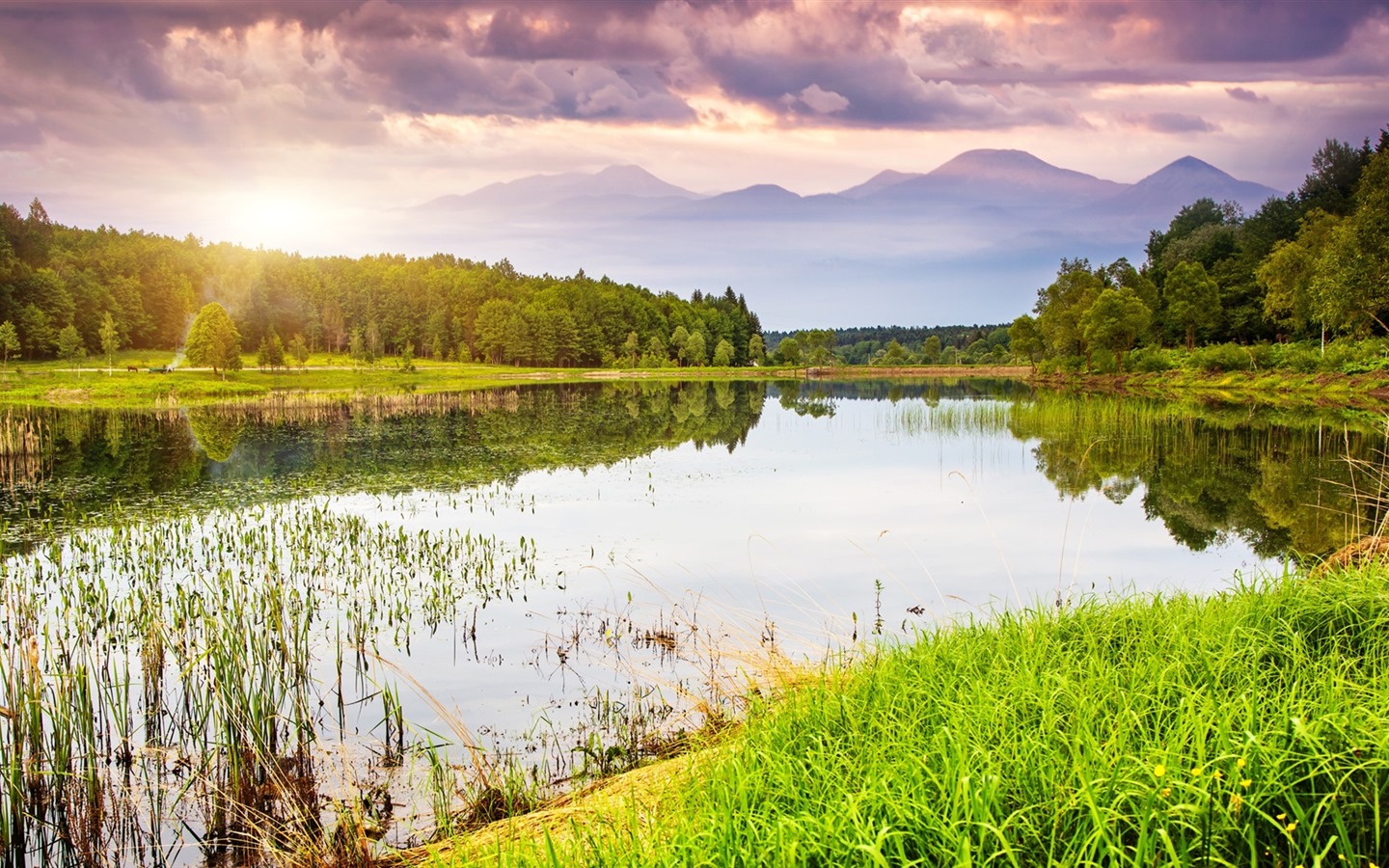 Les arbres, les montagnes, l'eau, lever et coucher du paysage de nature, fonds d'écran HD #36 - 1440x900