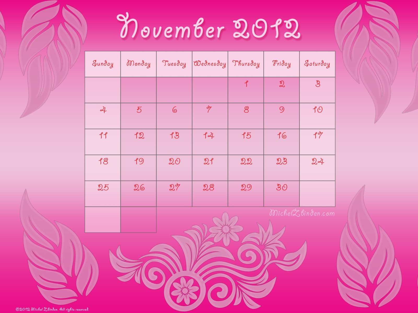 November 2012 Calendar wallpaper (1) #3 - 1600x1200