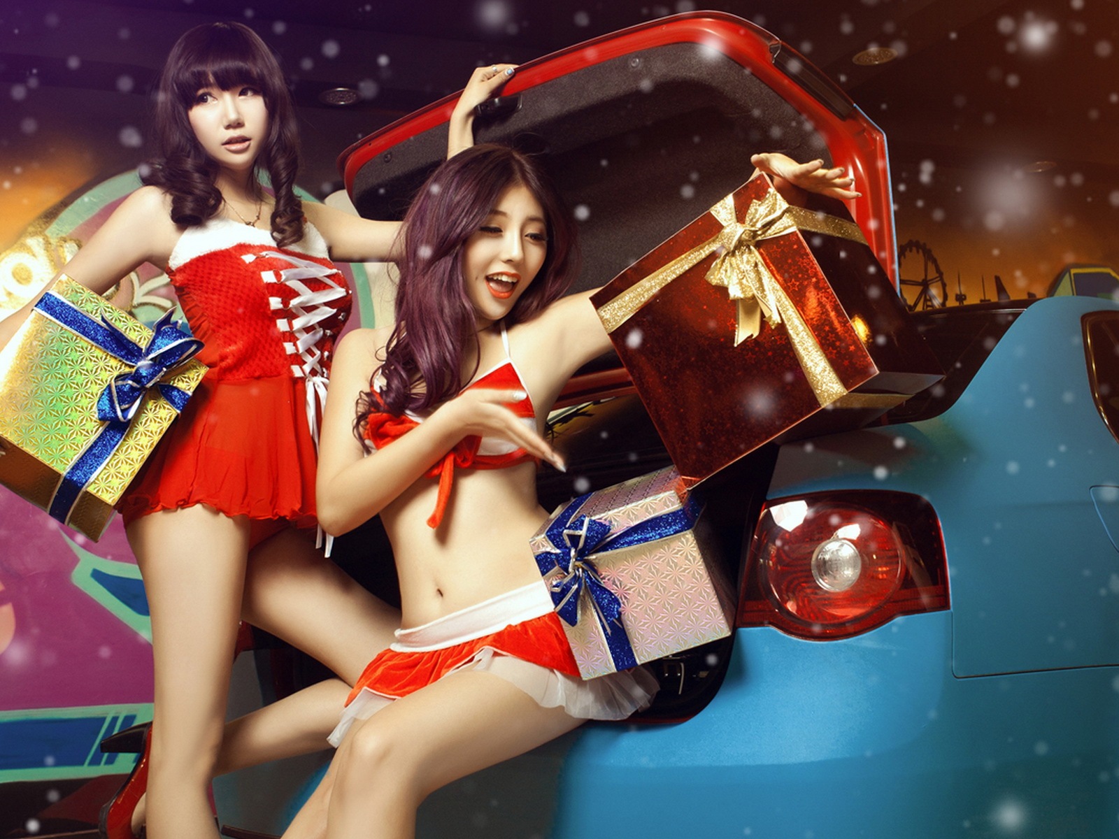 신년 축제 빨간 드레스 아름다운 자동차 모델의 HD 배경 화면 #7 - 1600x1200