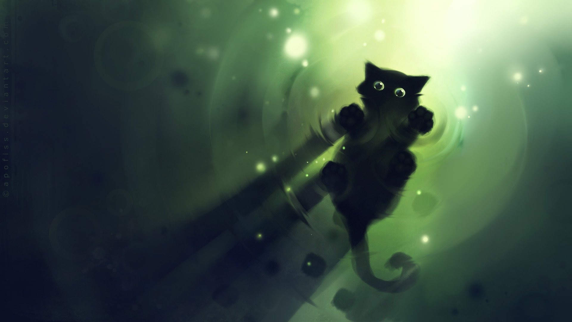 Apofiss 작은 검은 고양이 벽지 수채화 삽화 #9 - 1920x1080