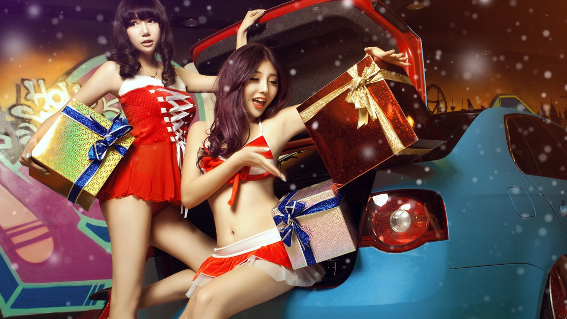 신년 축제 빨간 드레스 아름다운 자동차 모델의 HD 배경 화면 #7 - 1920x1080
