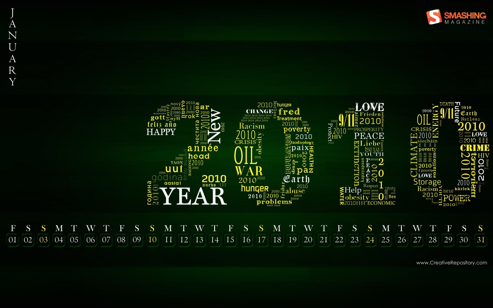 2010年1月月曆壁紙 #18 - 1920x1200