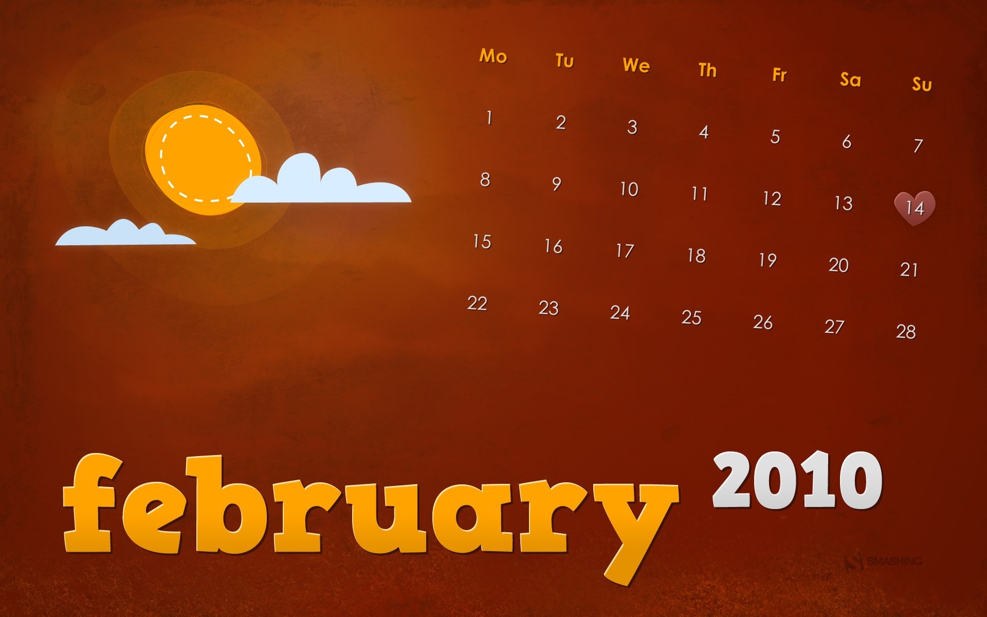 Febrero 2010 Calendario Wallpaper creativa #12 - 1920x1200