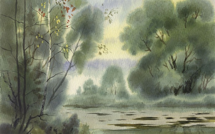 Watercolor landscape hand-painted wallpaper (1) #14