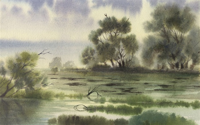 Watercolor landscape hand-painted wallpaper (1) #19