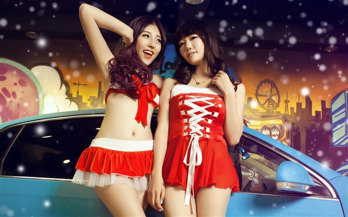 新年喜庆的红色装美女车模 高清壁纸1