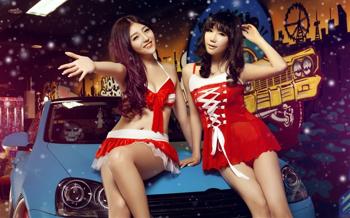 新年喜慶的紅色裝美女車模 高清壁紙 #5