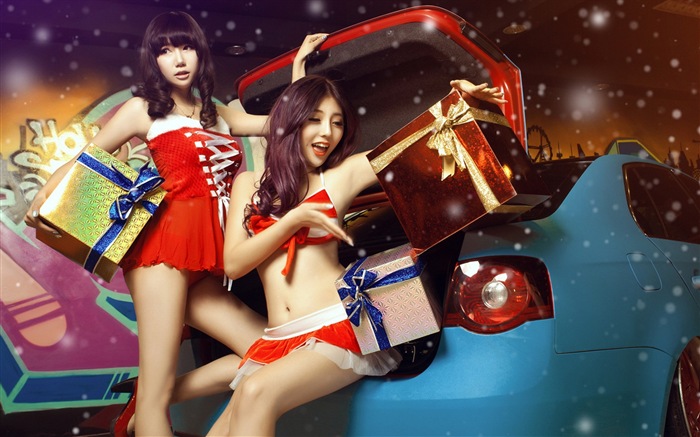 신년 축제 빨간 드레스 아름다운 자동차 모델의 HD 배경 화면 #7