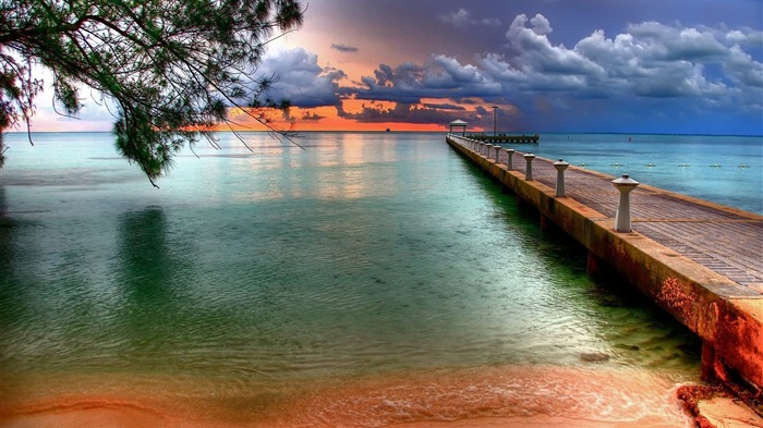 Coast pier at dusk scenery HD wallpaper #3