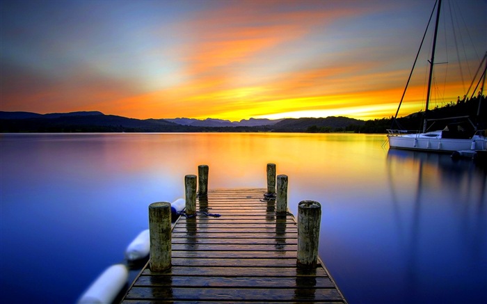 Coast pier at dusk scenery HD wallpaper #15