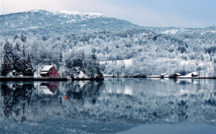 Hiver, neige, montagnes, lacs, arbres, routes fonds d'écran HD #11