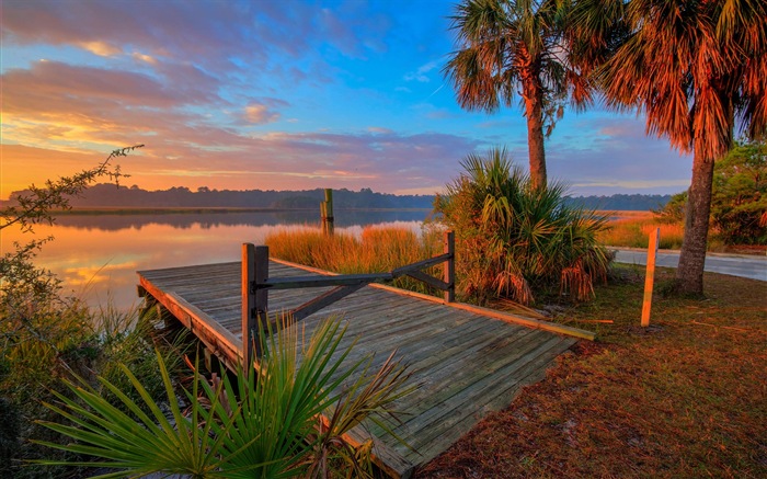 Lake and boardwalk dusk views HD wallpapers #11